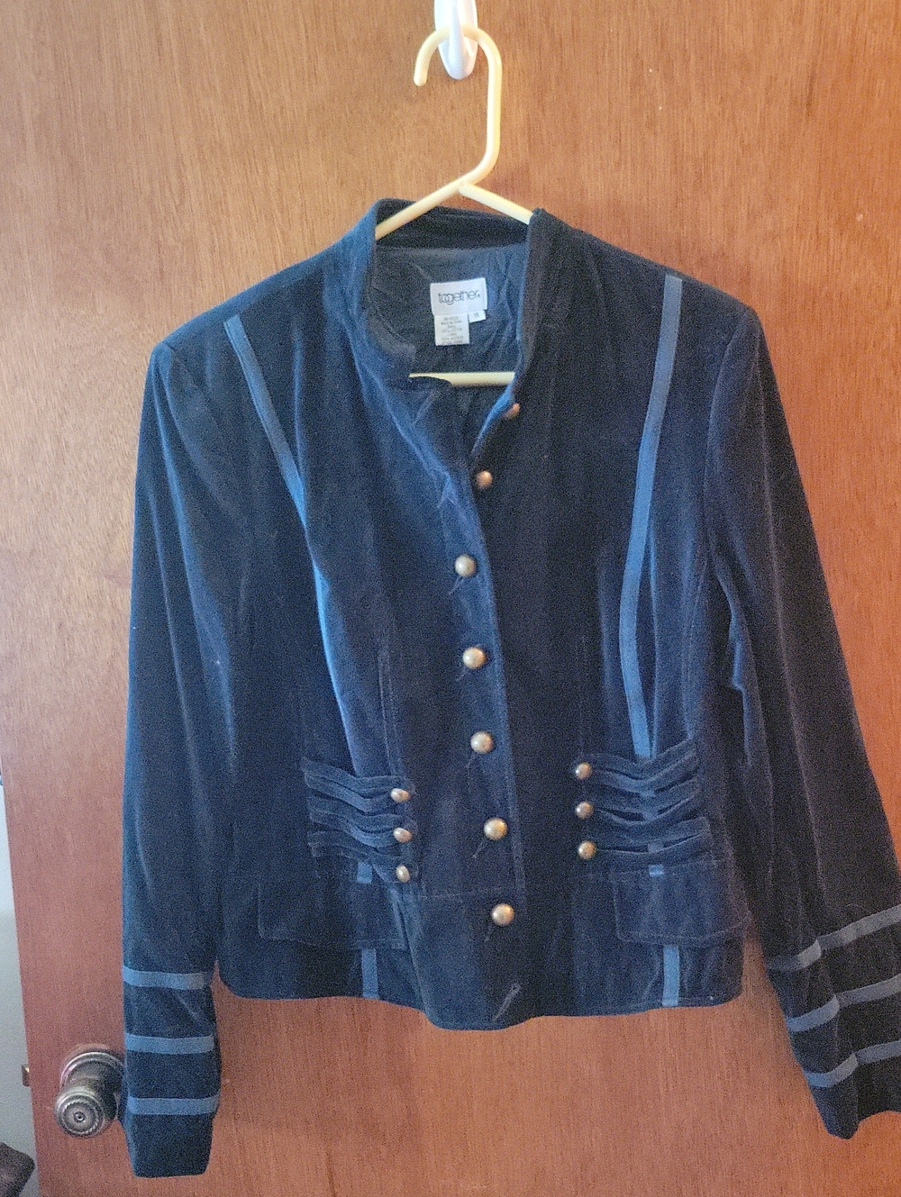Together Teal Blue Velvet Military-Style Button Blazer